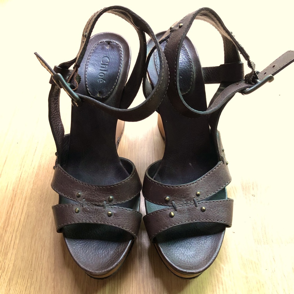 Chloe brown leather wedges/heels. 8.5